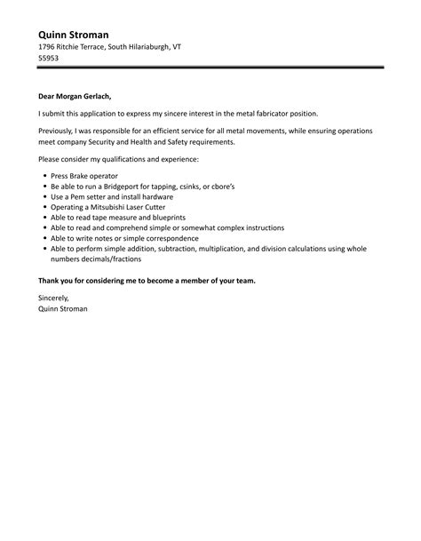 steel fabrication cover letter